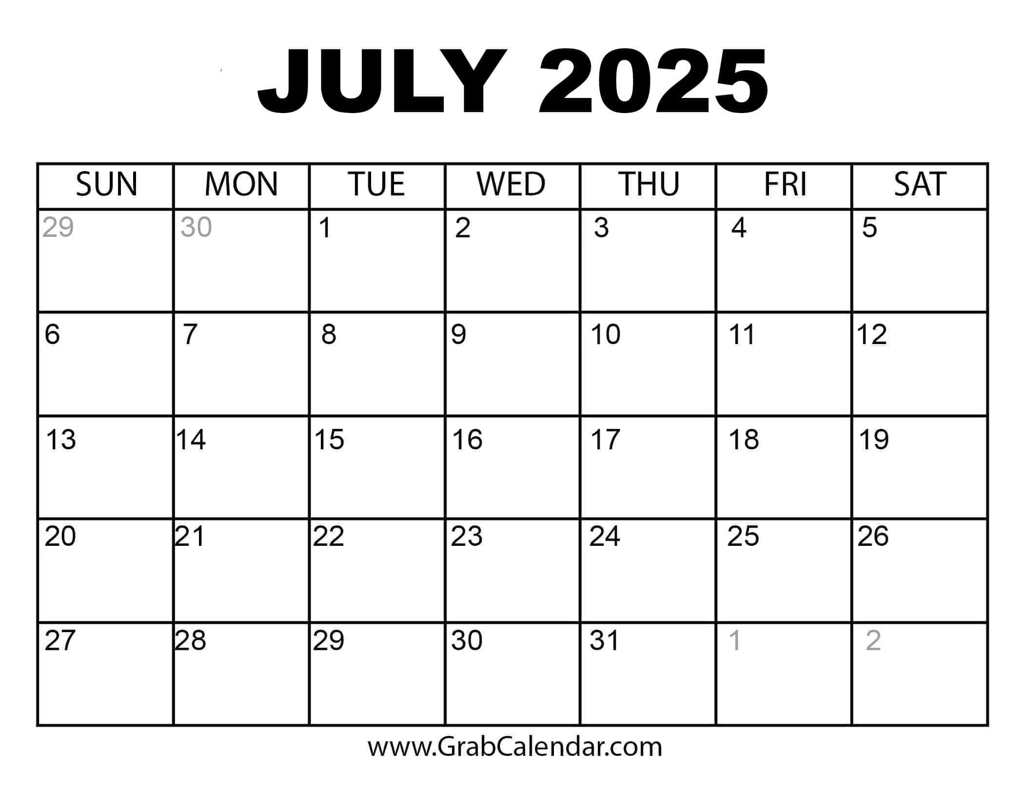 July 2025 Calendar Download Word