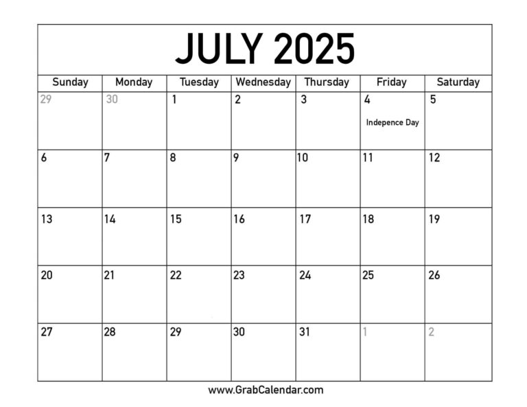 Printable July 2025 Calendar