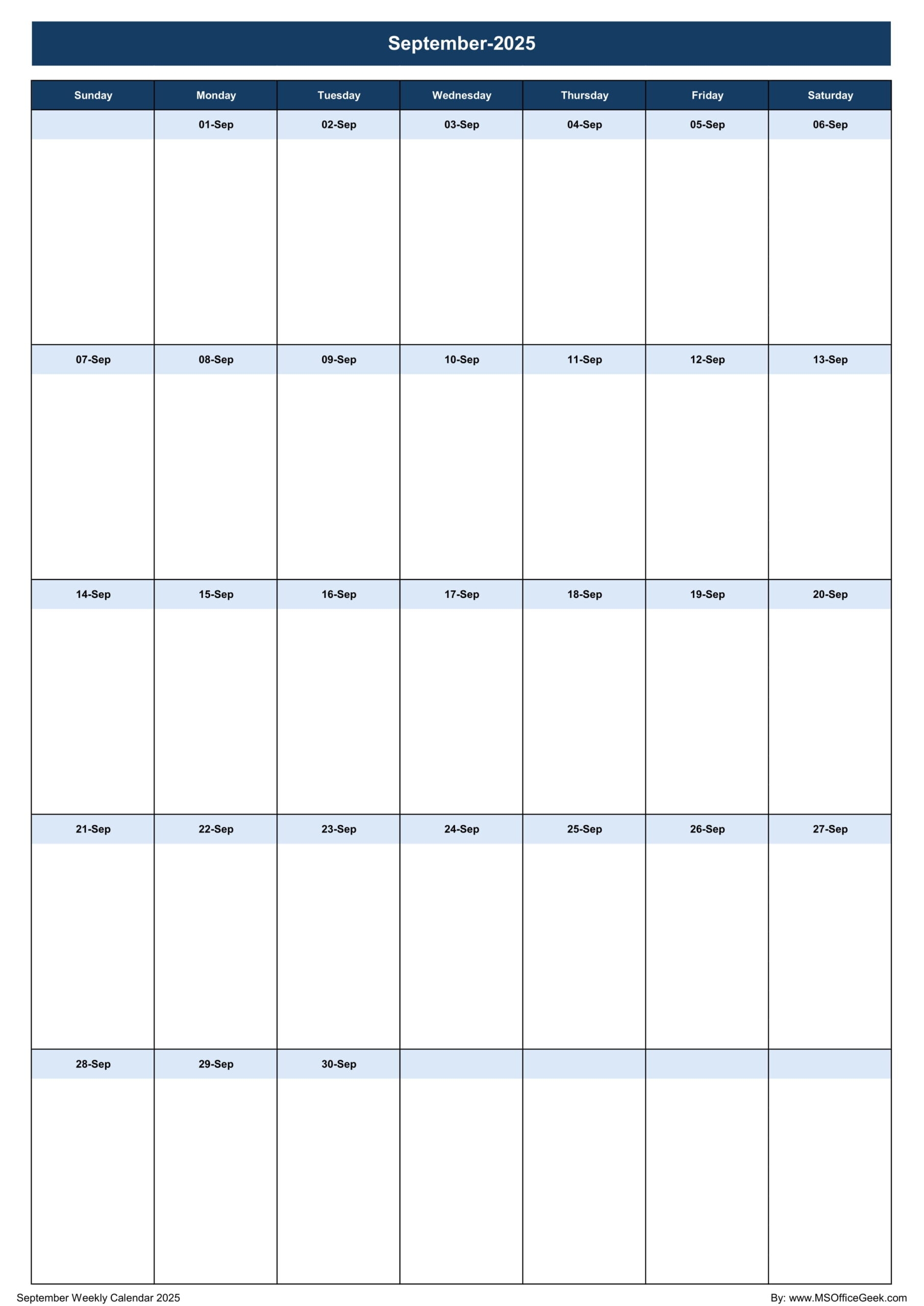 September Calendar Excel 2025