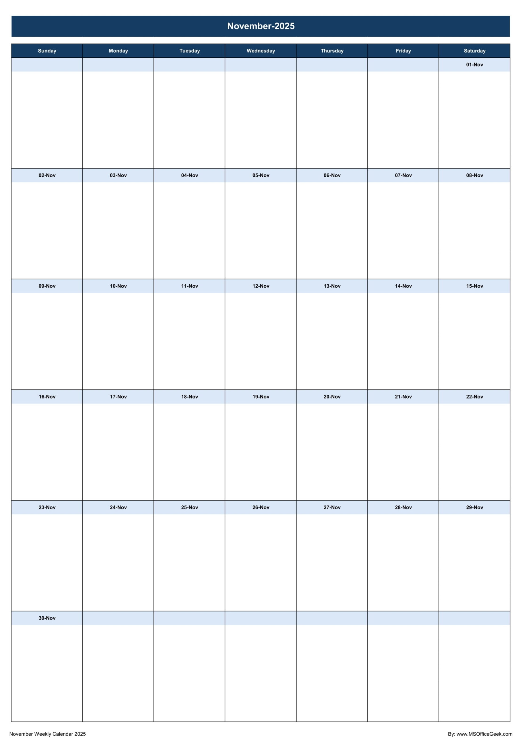 November 2025 Weekly Calendar Printable