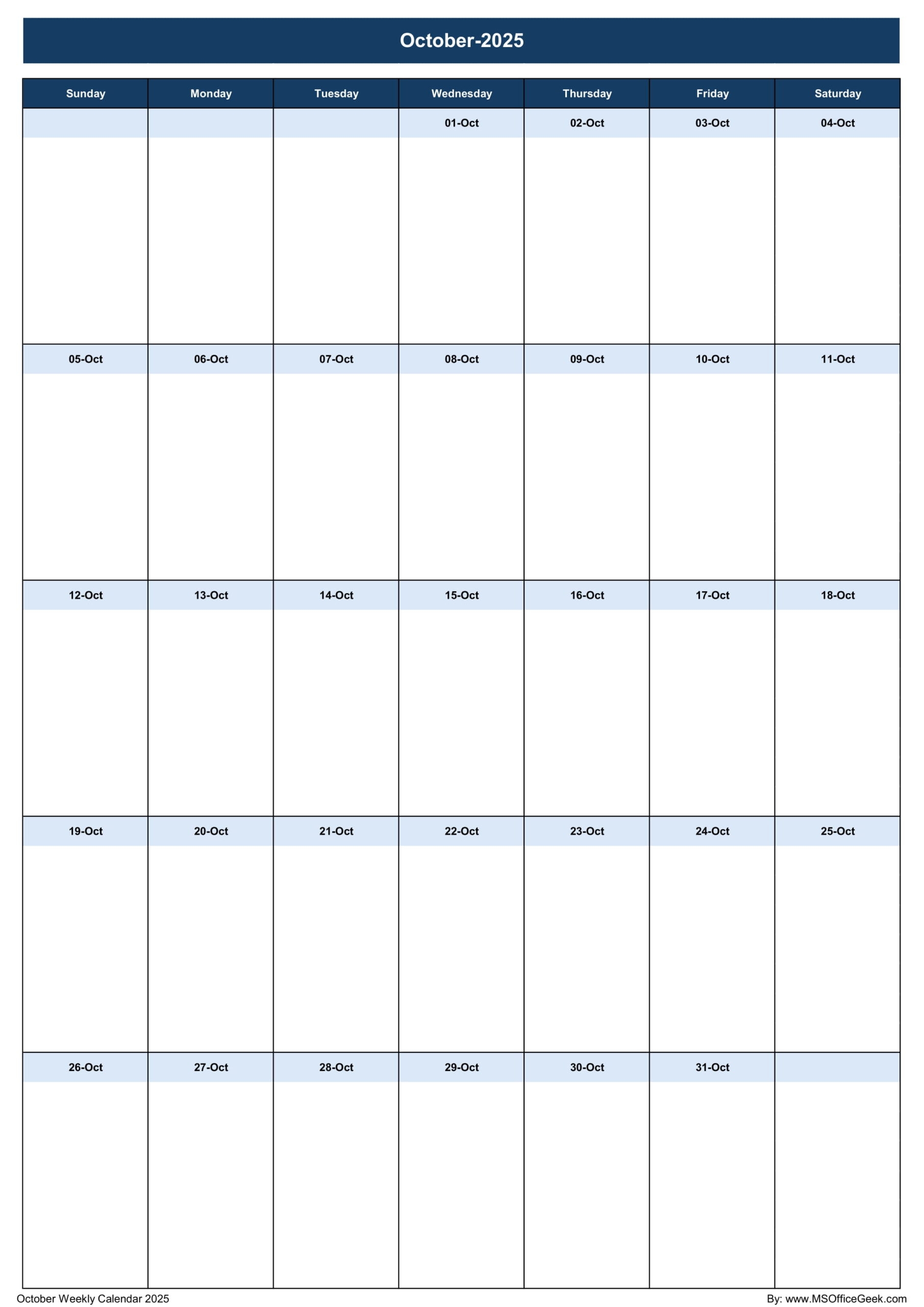 October 2025 Calendar Printable Excel