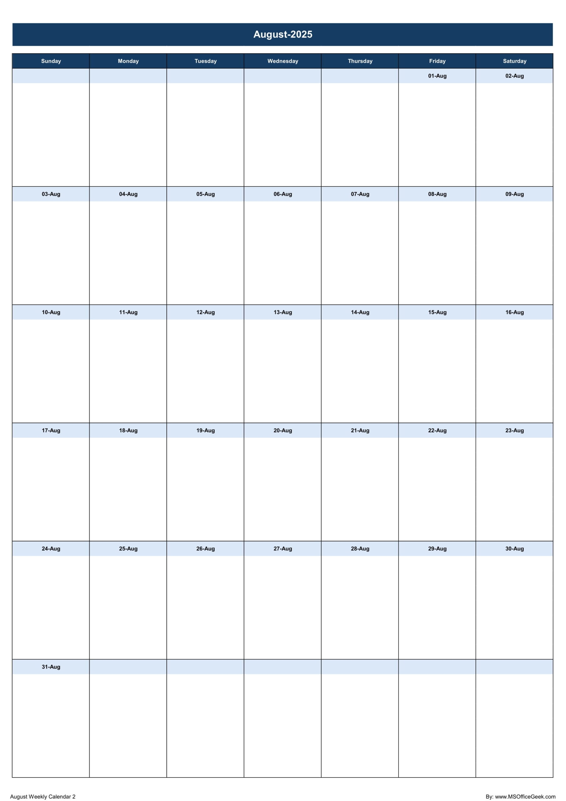 August Weekly Calendar 2025 Printable
