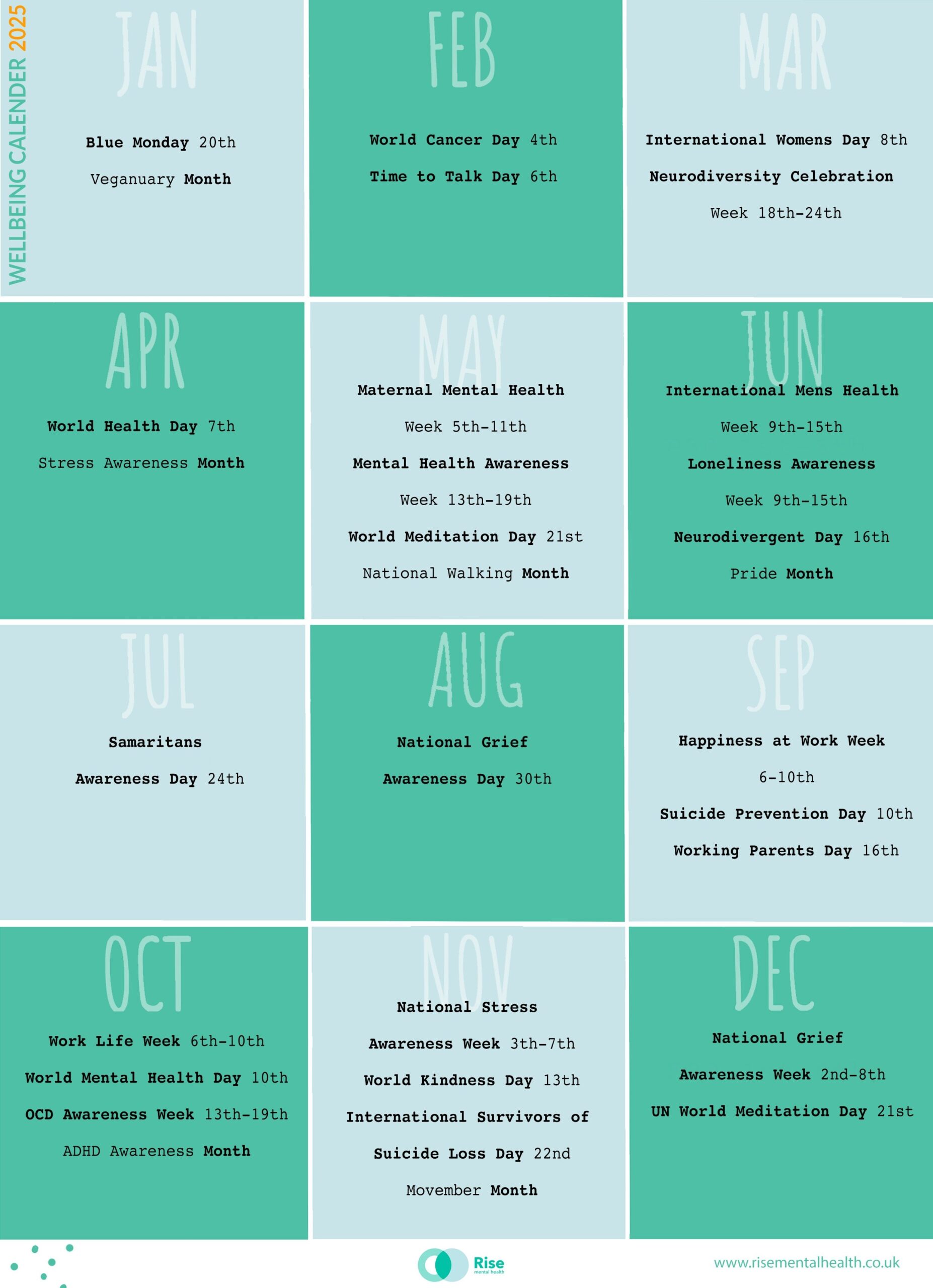 Rise Mental Health Wellbeing Calendar 2025 Rise Mental Health