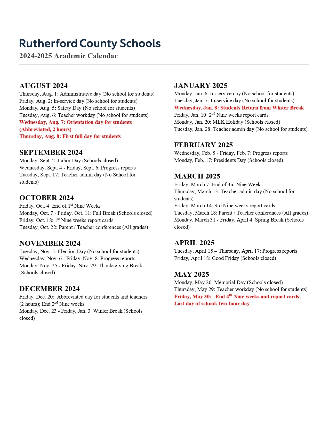 Rutherford County Schools Calendar 2024 2025 Traditional 