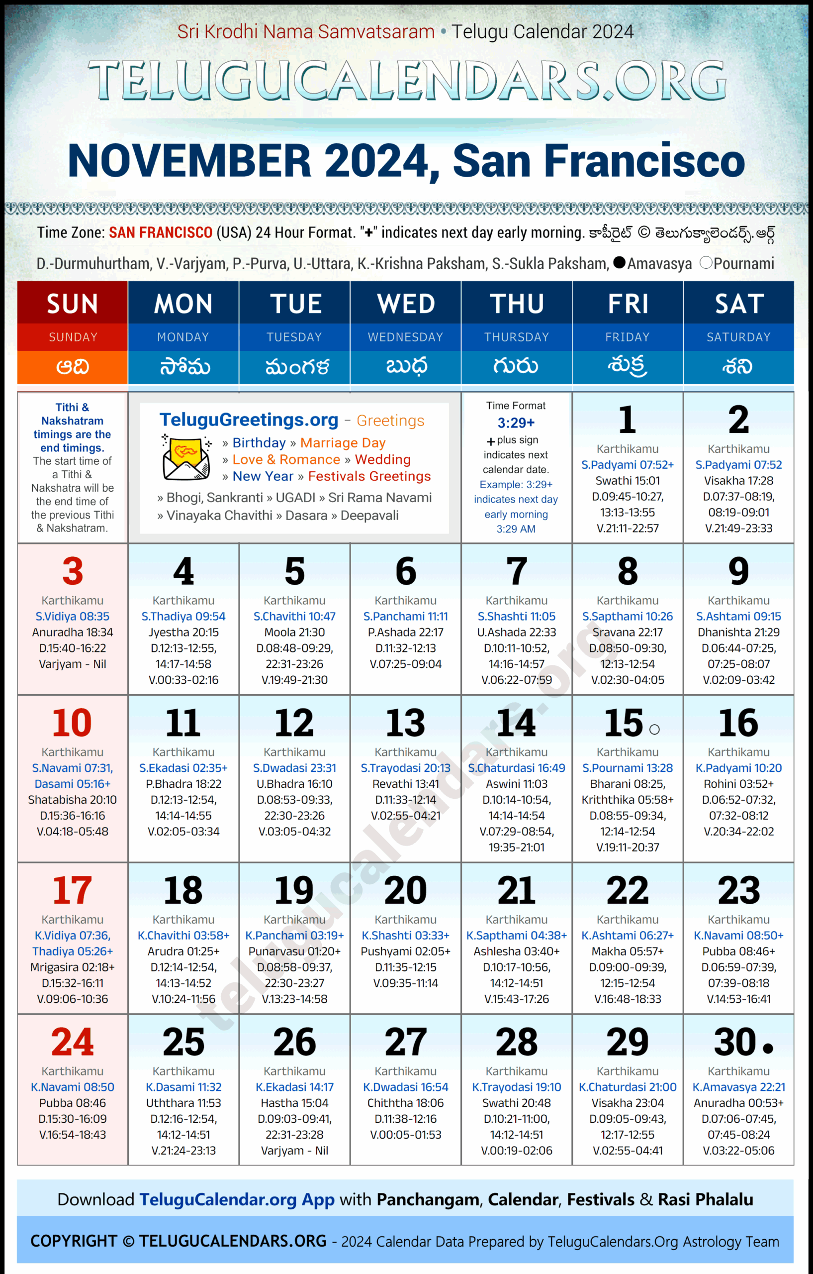 San Francisco 2024 November Telugu Calendar Festivals U0026 Holidays 
