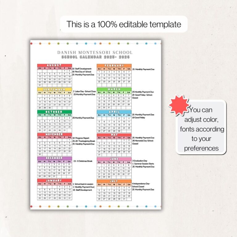 School Calendar 2025 2026 Perfect For Preschool Daycare Or 
