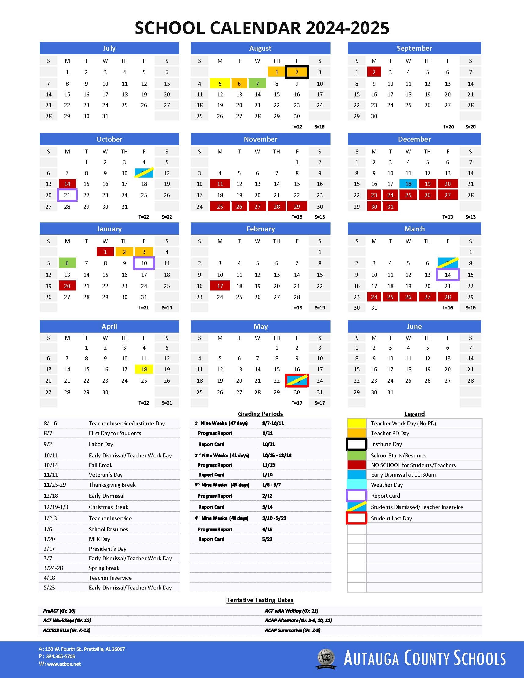 School Calendar Autauga County Schools