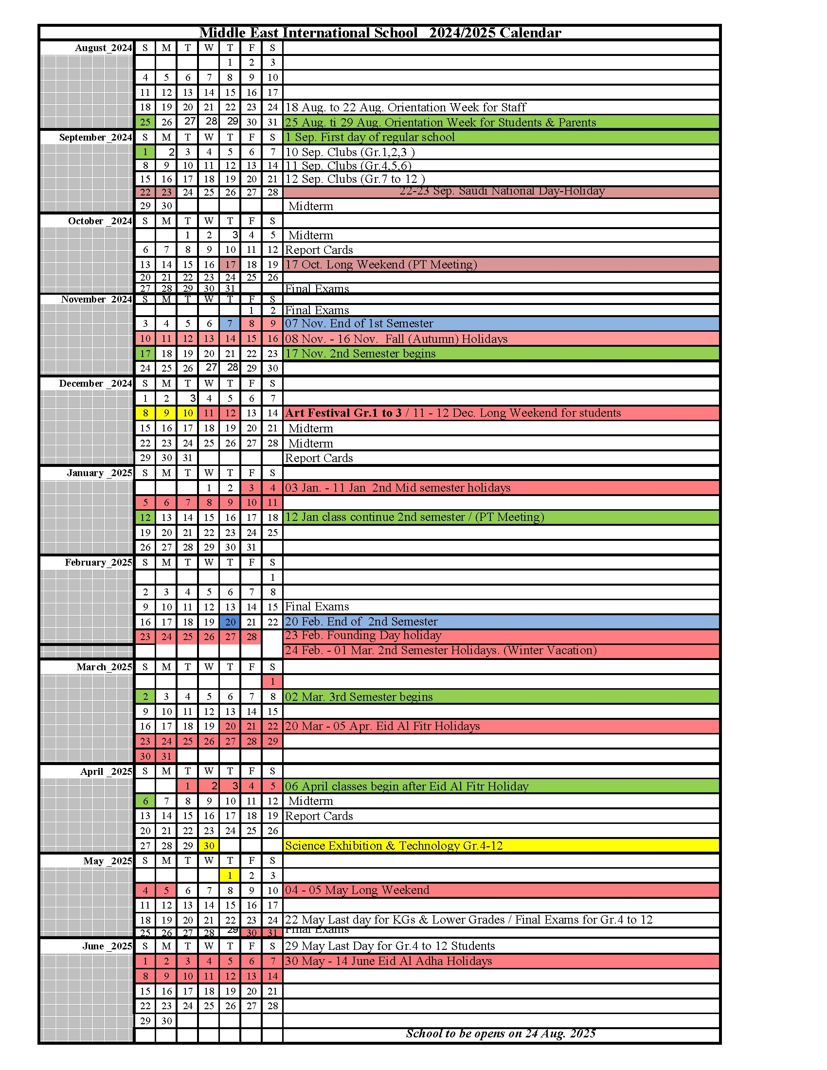 School Calendar Middle East International School