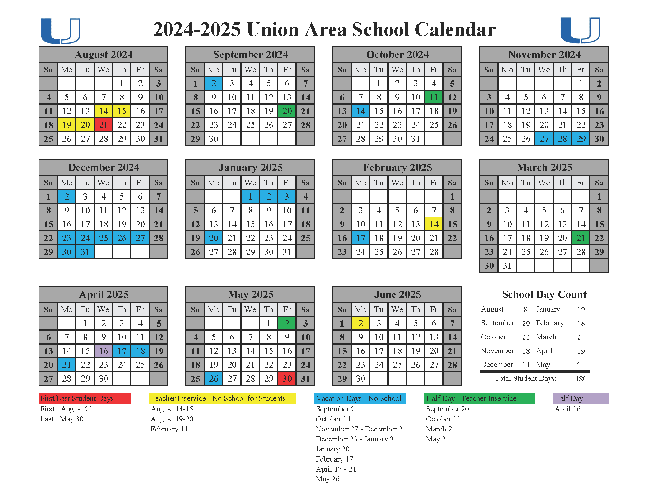 School Calendar Union Area School District