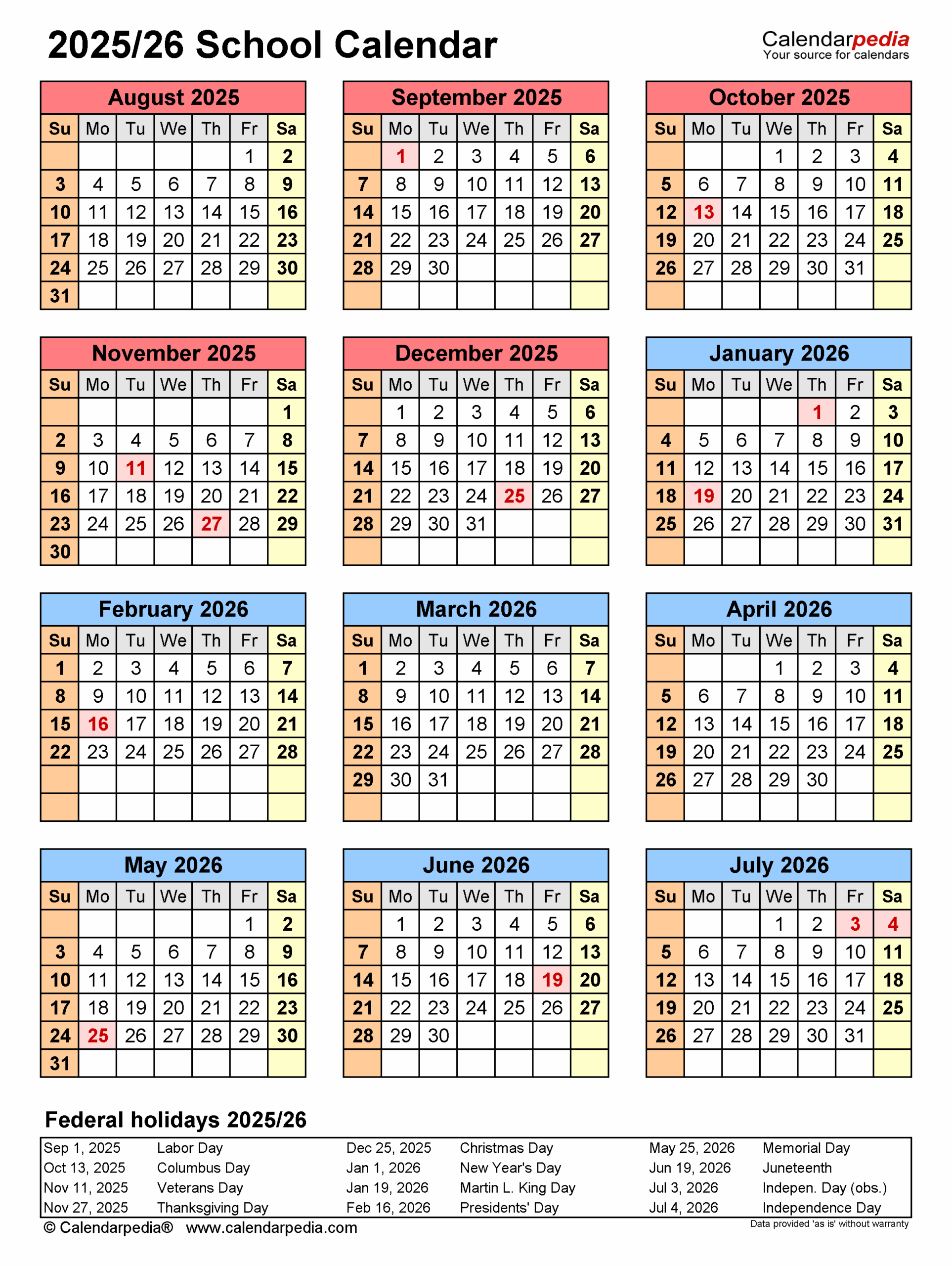 School Calendars 2025 2026 Free Printable Word Templates
