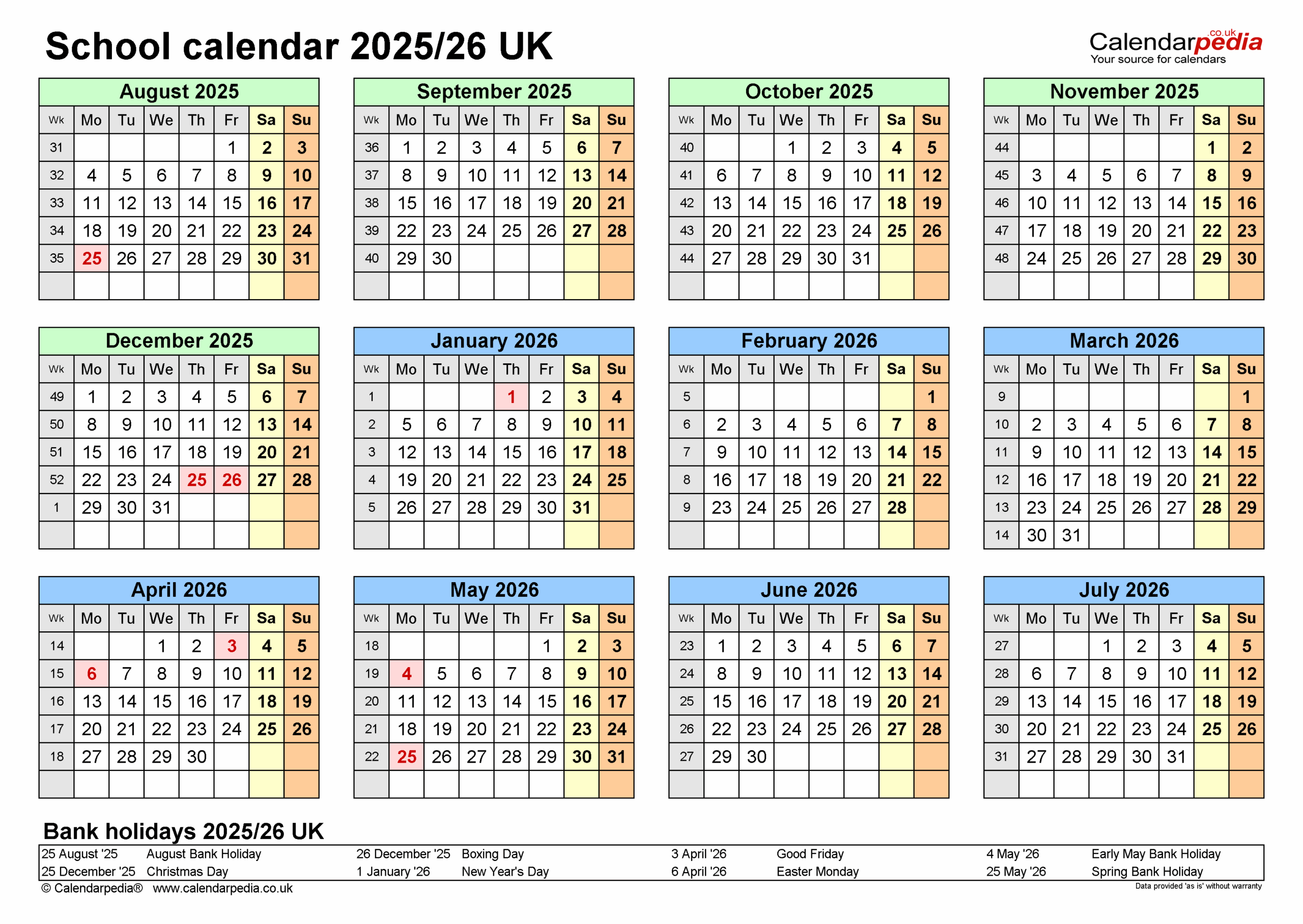School Calendars 2025 26 UK Free Printable PDF Templates