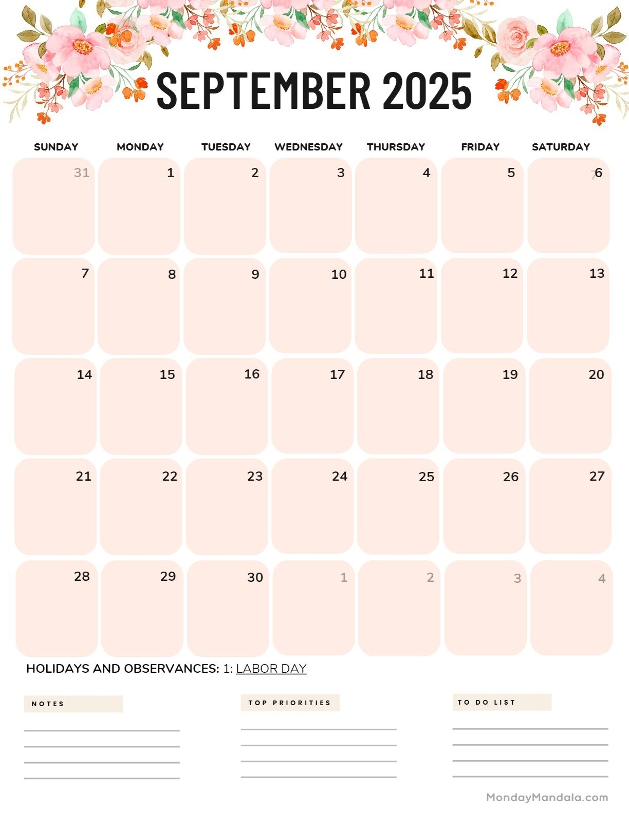 Portrait September 2025 Calendar