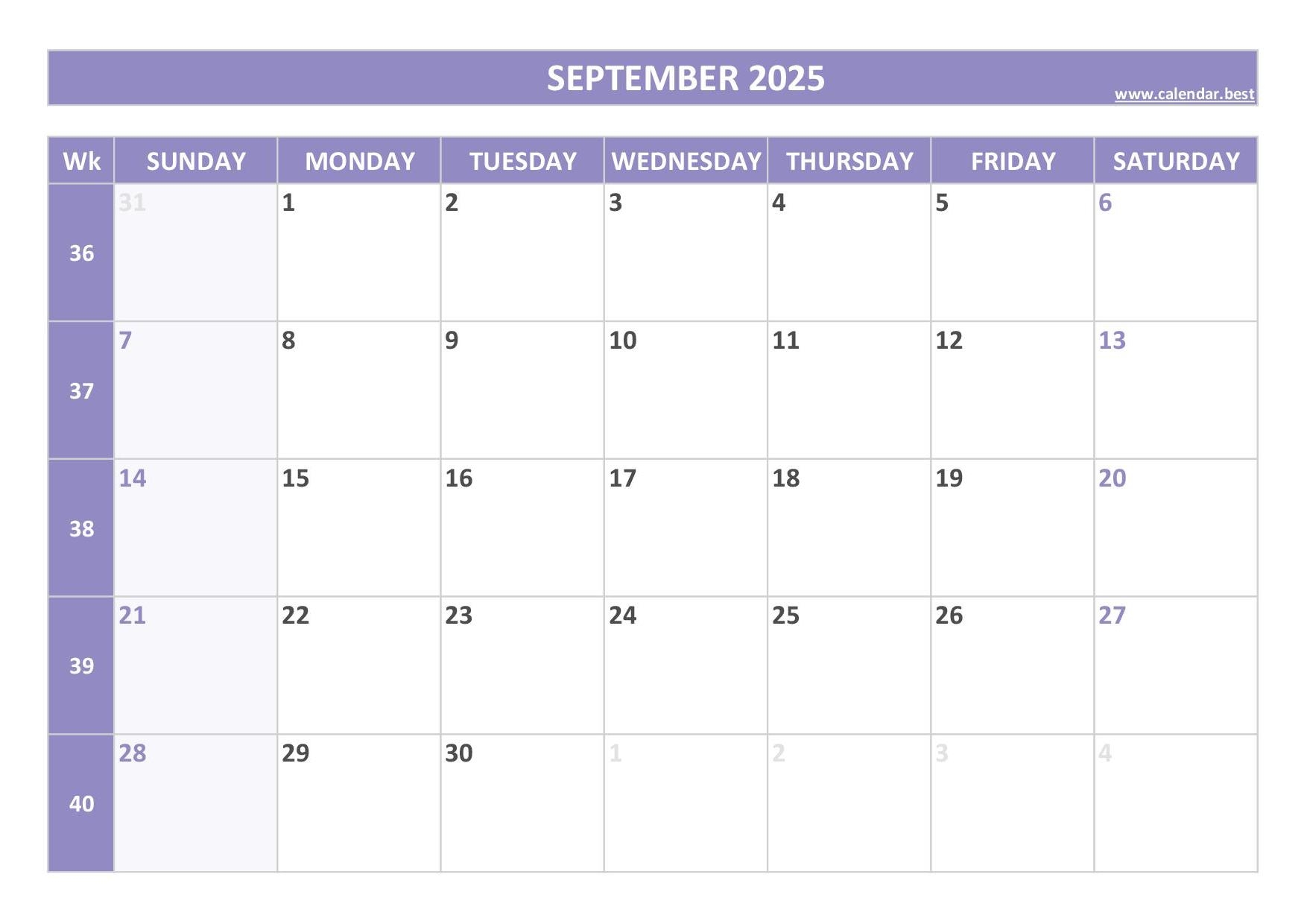 September Weekly Calendar 2025 Printable