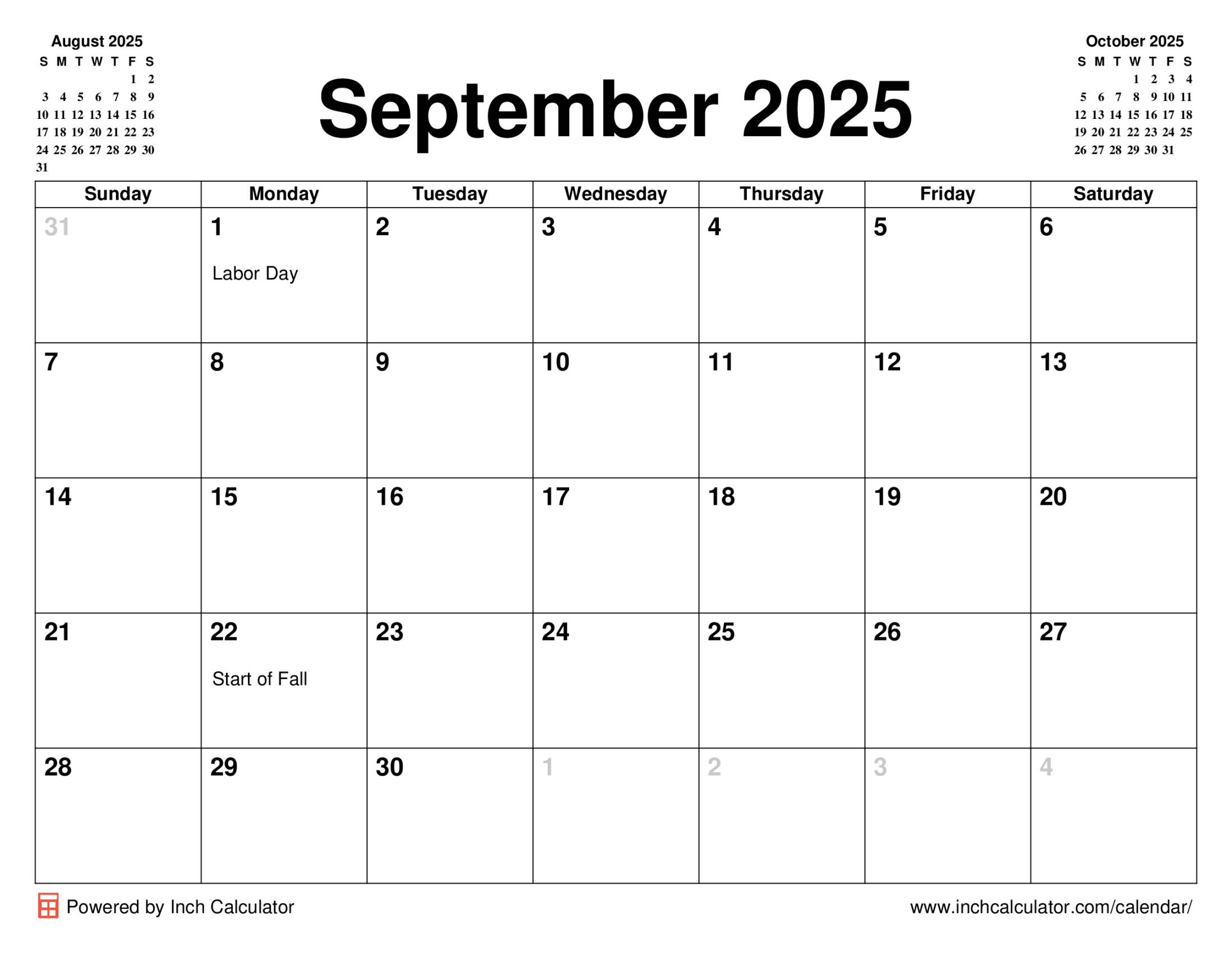 September 2025 Calendar Inch Calculator