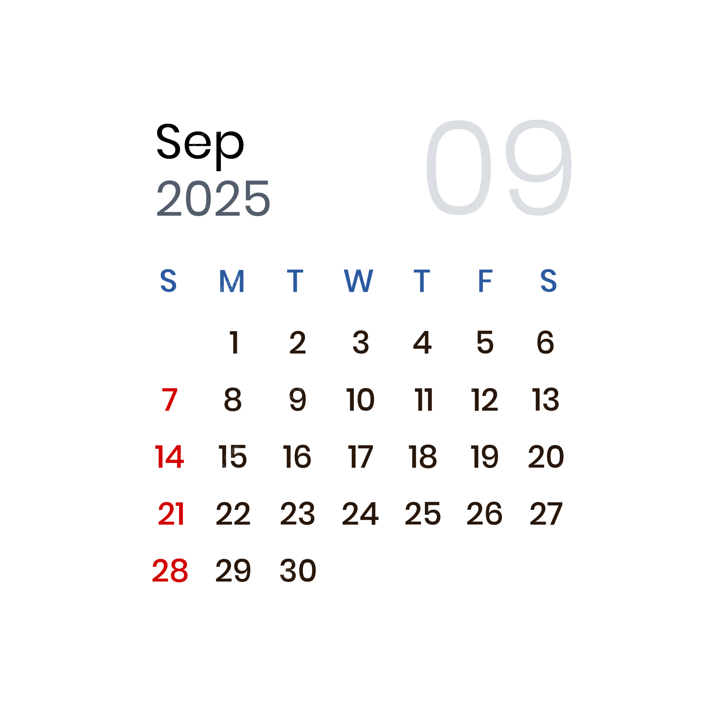September 2025 Calendar PNG Transparent Images Free Download 