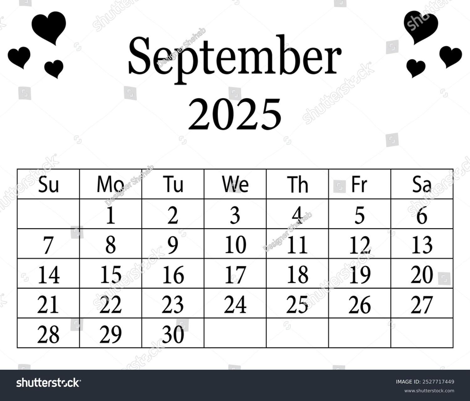 September 2025 Calendar Printable 2025 Calendar Stock Vector 