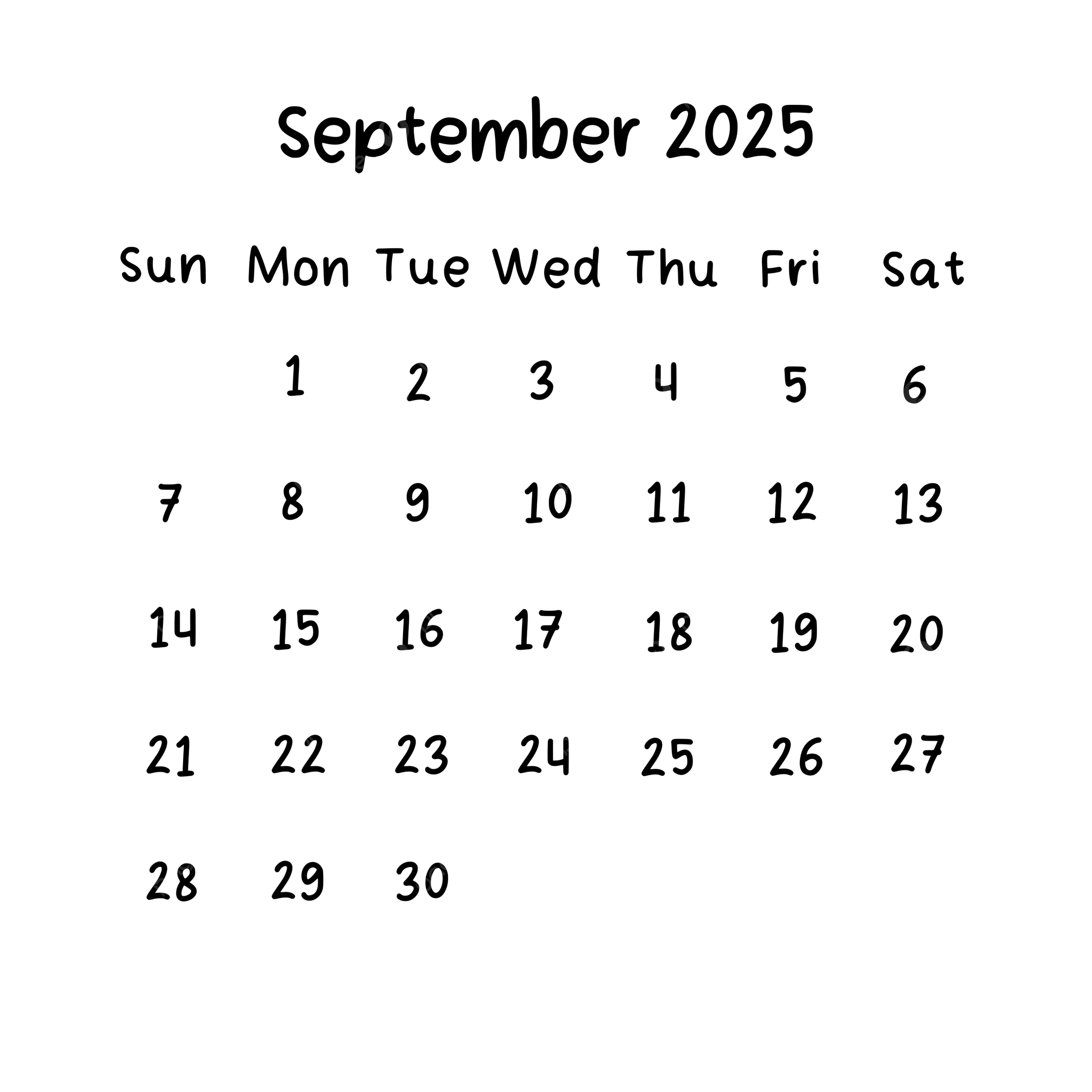 September 2025 Plain Calendar In Black Color September 2025 