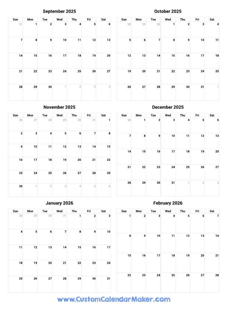 September 2025 To February 2026 Printable Calendar Custom Calendar Maker
