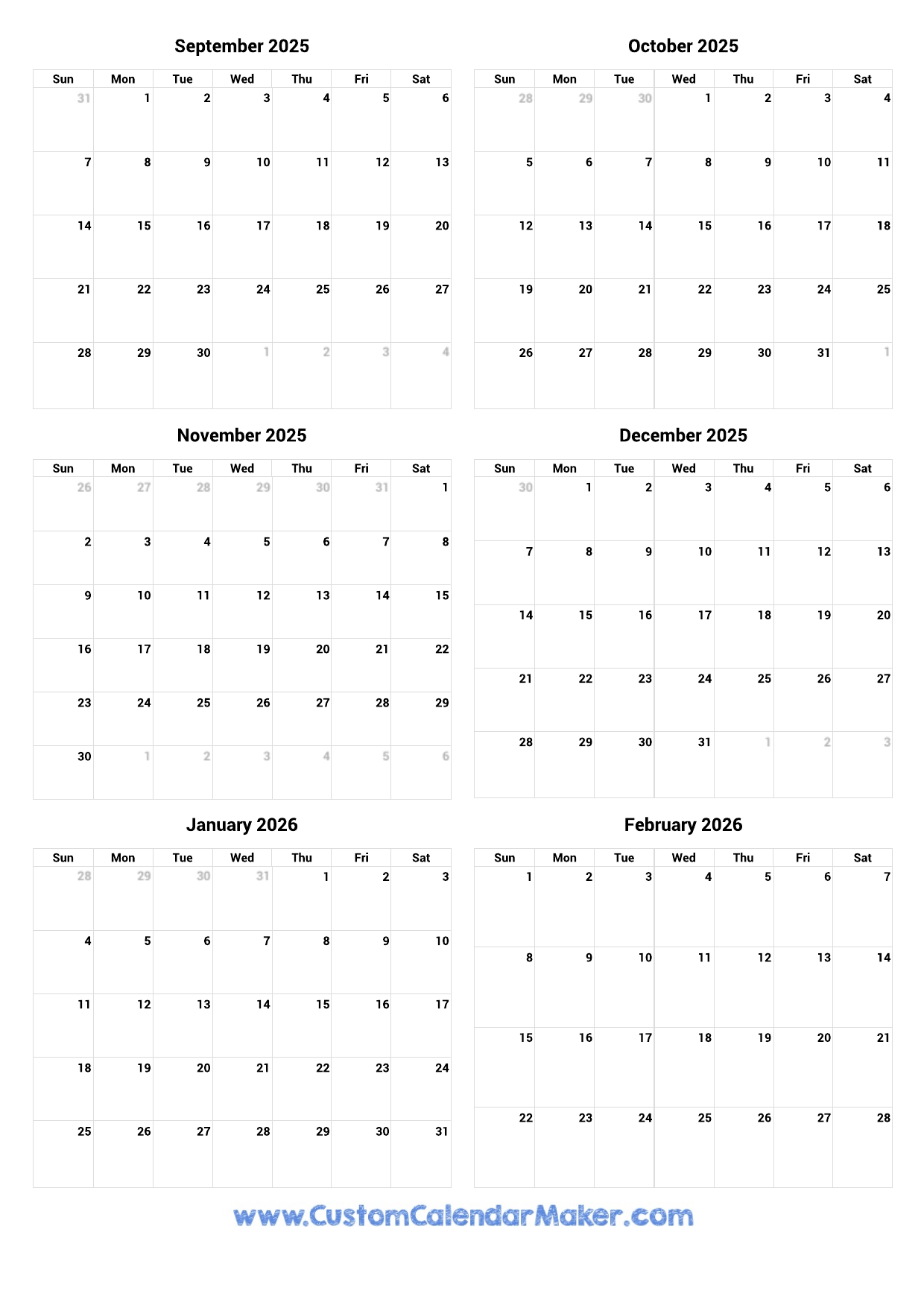 September 2025 To February 2026 Printable Calendar Custom 