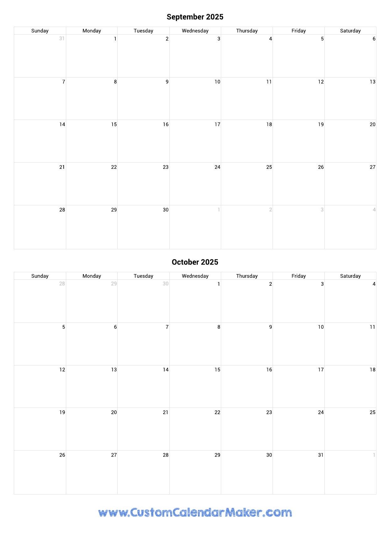 September And October 2025 Calendar Excel