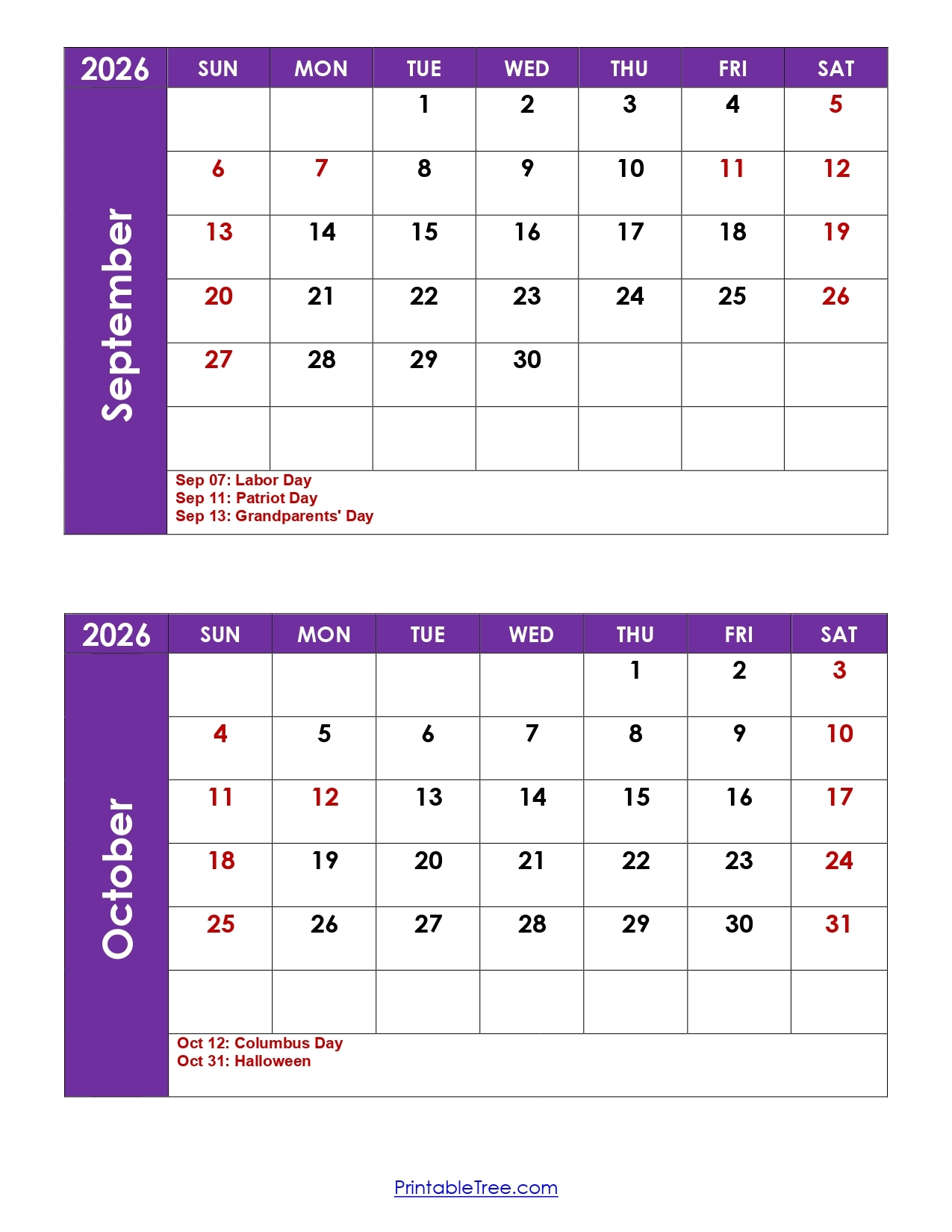 September And October 2026 Calendar Printable PDF 2 Month 