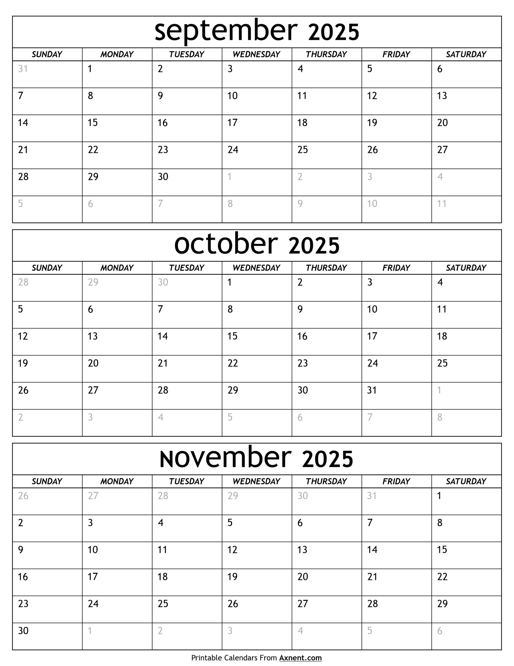 September To November 2025 Calendar Templates Three Months