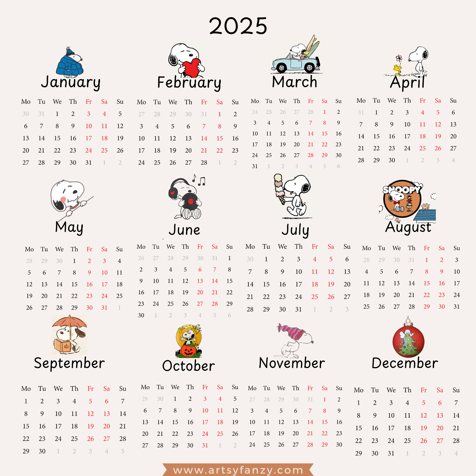 Snoopy Calendar 2025 Printable Artsy Fanzy Shop