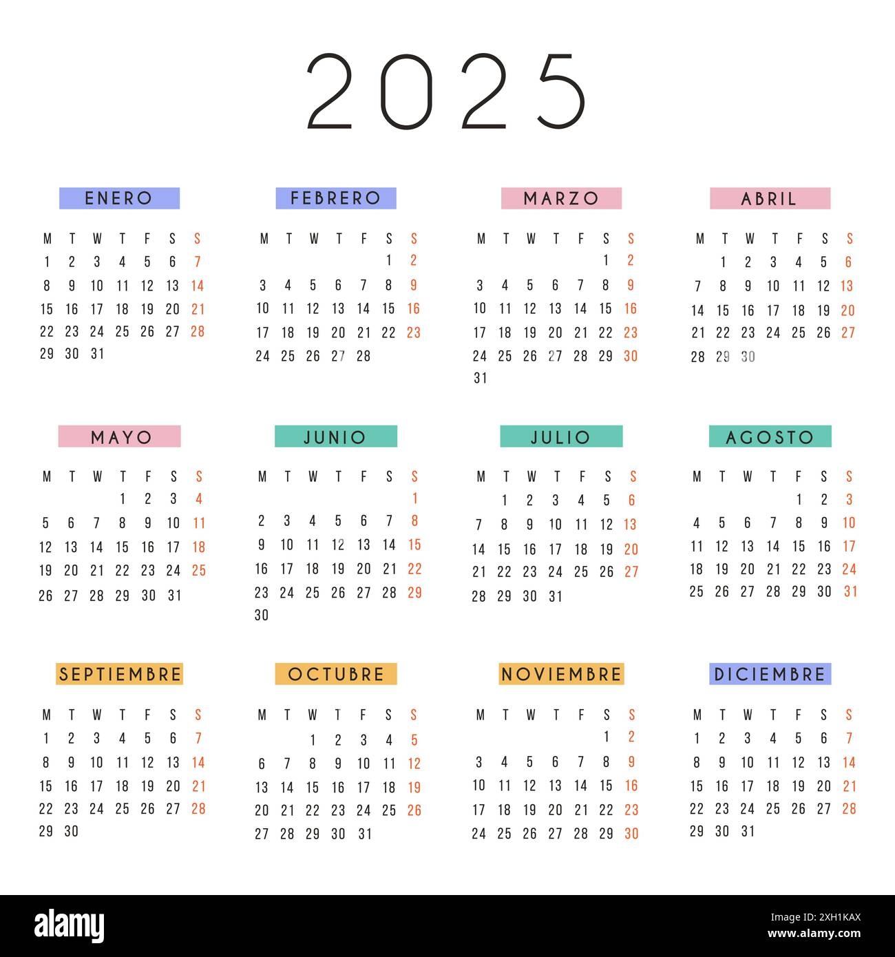 Spanish Calendar 2025 Year Vector Square Stationery Calendar Week Starts Monday Yearly Organizer Simple Calendar Template In Minimal Design Stock Vector Image U0026 Art Alamy