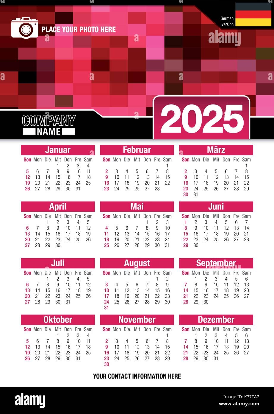 Useful Wall Calendar 2025 With Design Of Red Colors Mosaic Format A4 Vertical Size 210mm X 297mm German Version Vector Image Stock Vector Image U0026 Art Alamy