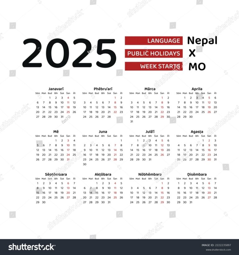 Vektor Stok Nepal Calendar 2025 Week Starts Monday Tanpa Royalti 2222235897 Shutterstock