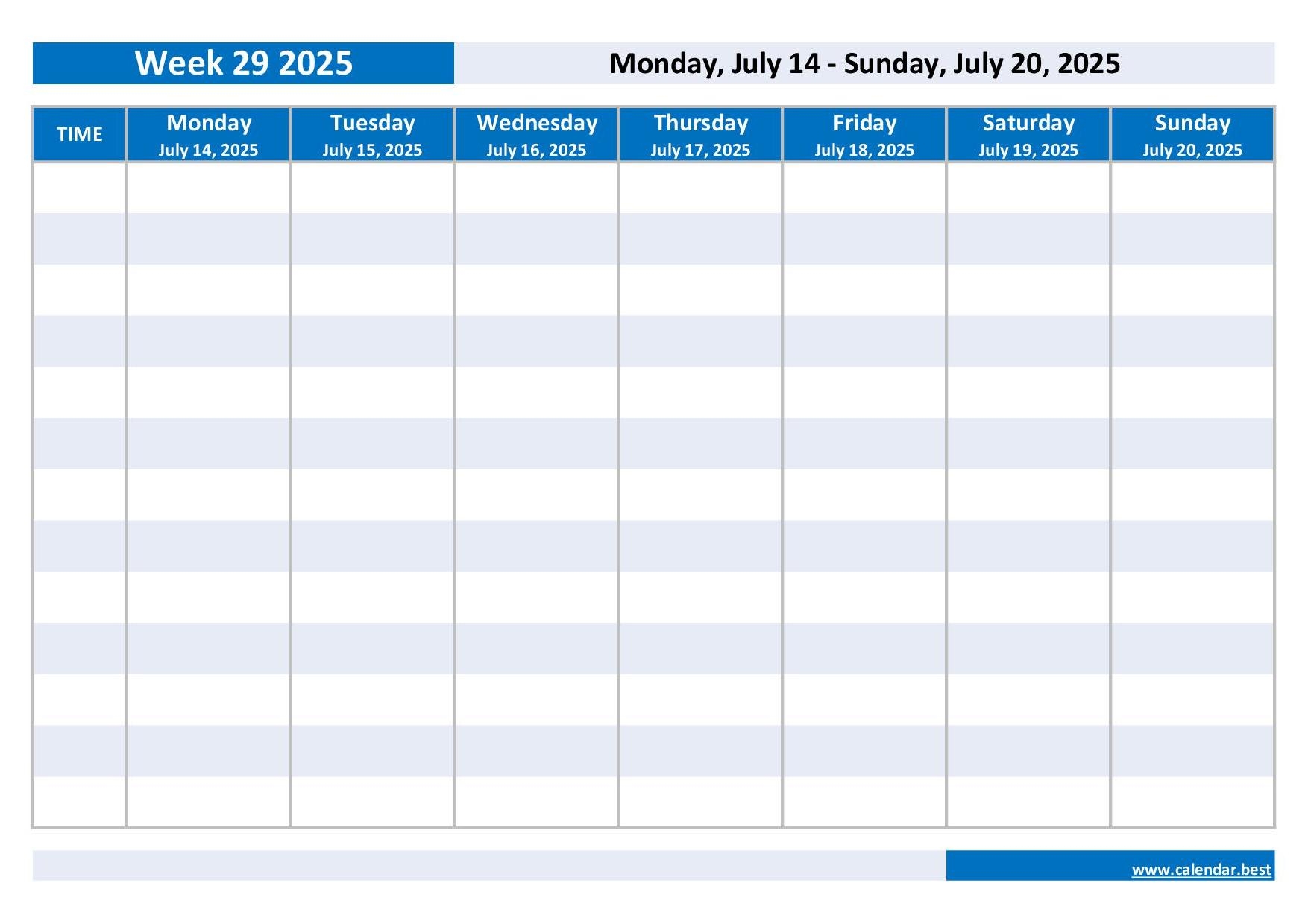 Week Calendar July 2025