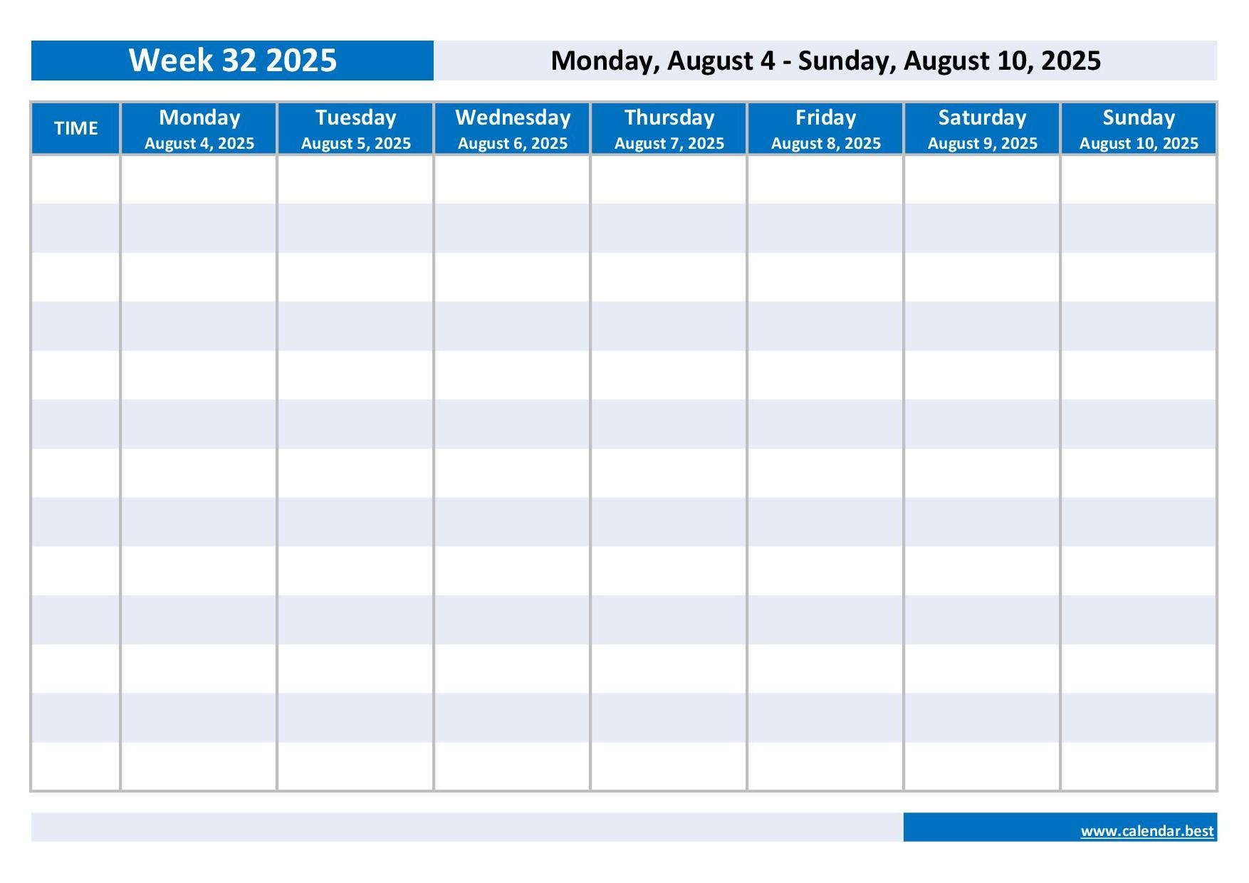 Week 32 2025 Dates Calendar And Weekly Schedule To Print