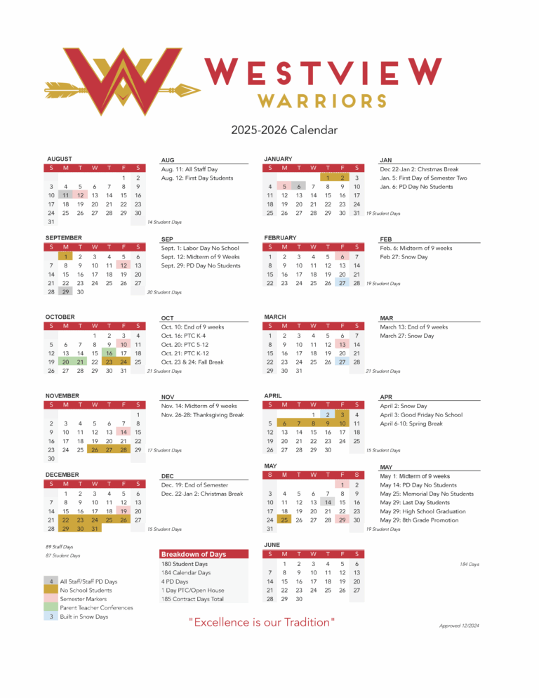 Westview 2025 2026 School Calendar Meadowview Elementary