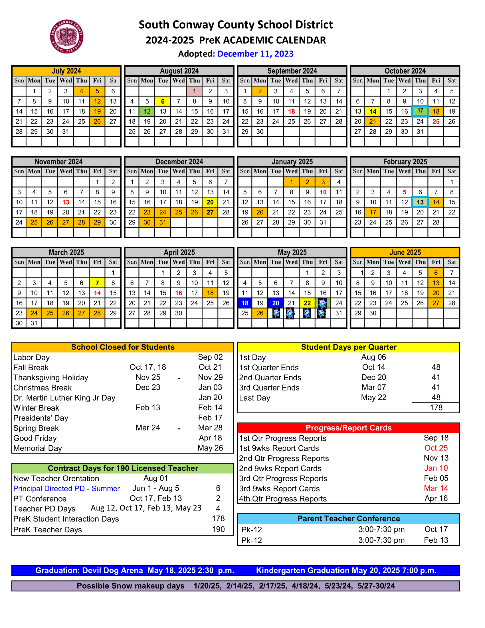 2024 2025 PreK Academic Calendar Morrilton JR High School