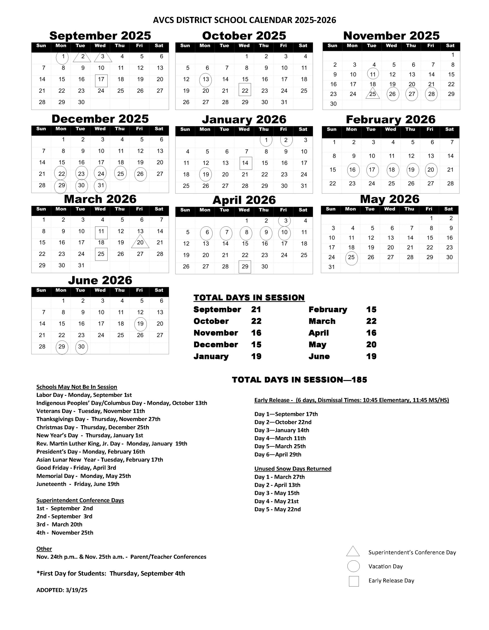 2025 2026 School Calendar AuSable Valley Central School District