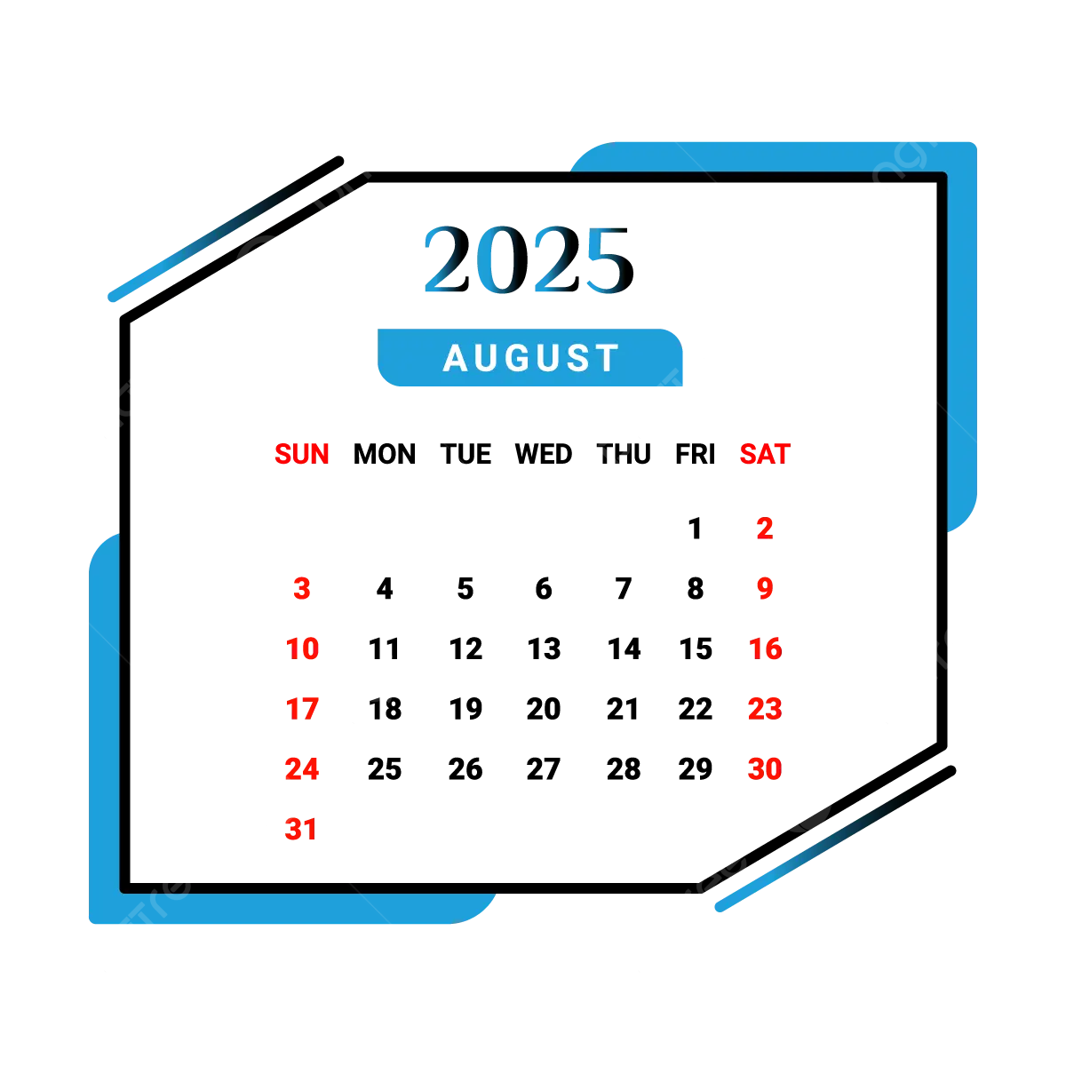 2025 August Month Calendar Skyblue And Black Vector Monthly Calendar Calendar August 2025 PNG And Vector With Transparent Background For Free Download