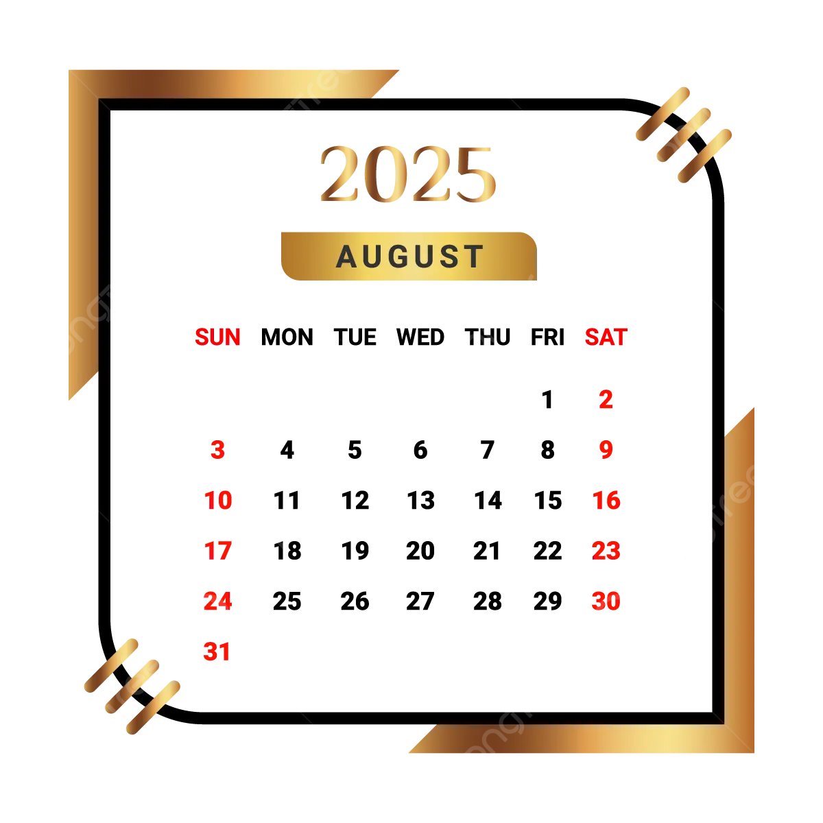 2025 August Month Calendar With Black And Golden Vector Monthly Calendar Calendar August 2025 PNG And Vector With Transparent Background For Free Download