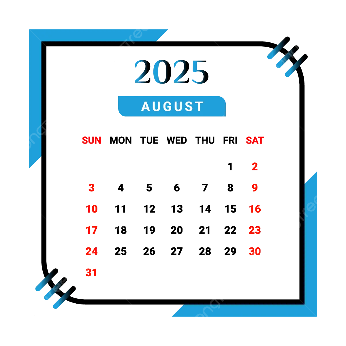 2025 August Month Calendar With Black And Skyblue Vector Monthly Calendar Calendar August 2025 PNG And Vector With Transparent Background For Free Download