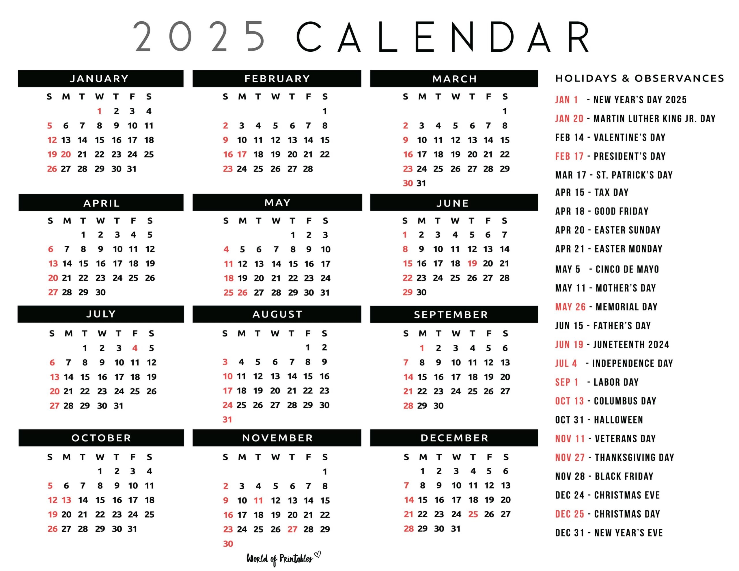 2025 Calendar With Holidays Free Printables In 28 Unique Styles 
