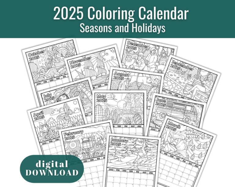 2025 Coloring Calendar Printable 8 5x11 In portrait Digital 