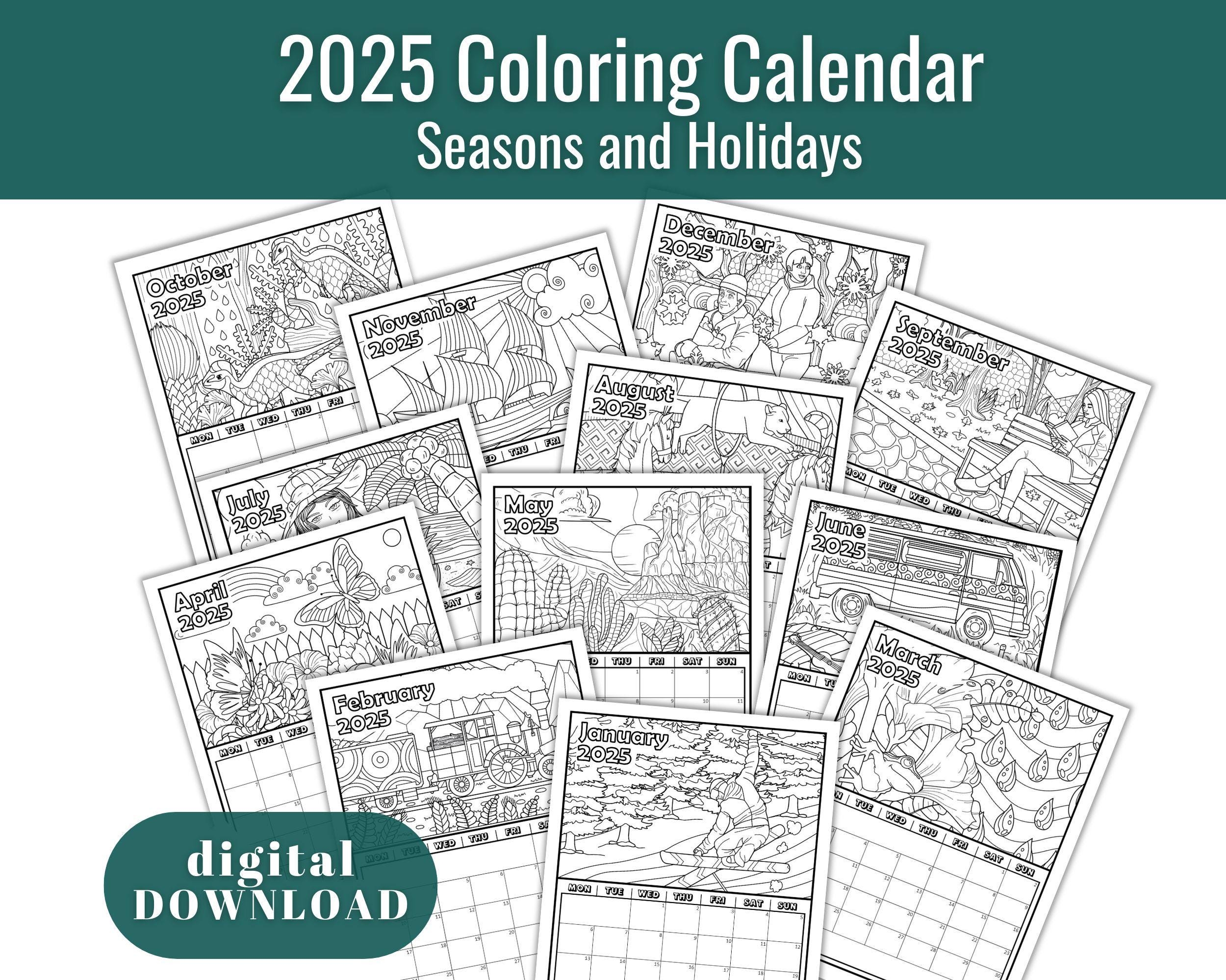 2025 Coloring Calendar Printable 8 5x11 In portrait Digital 