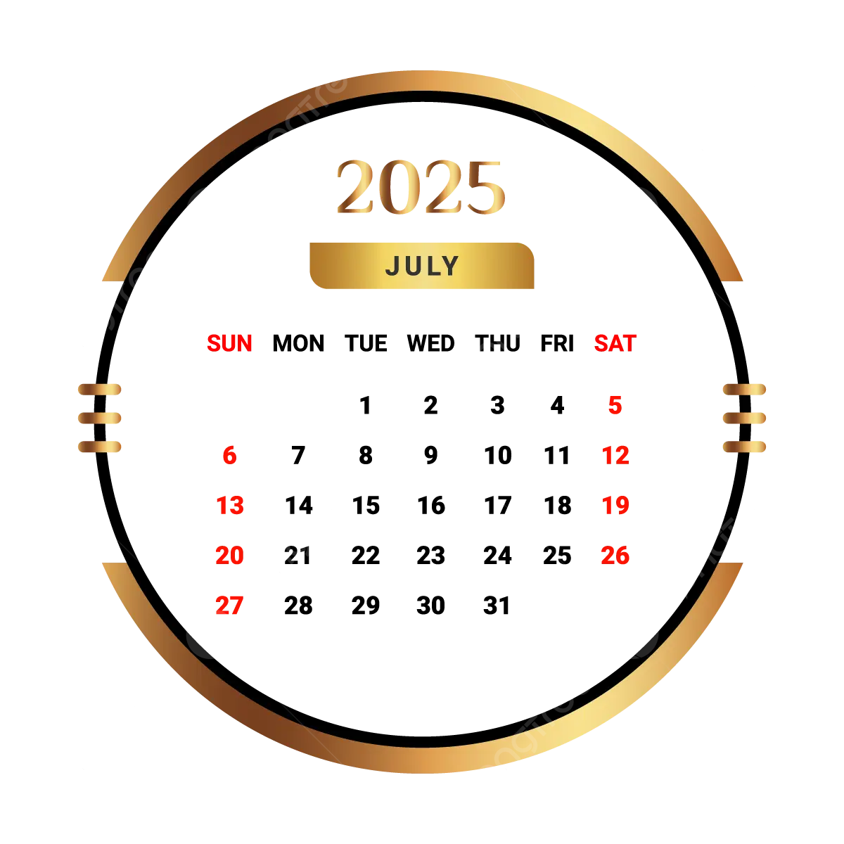 2025 July Month Calendar With Golden And Black Vector Monthly Calendar Calendar July 2025 PNG And Vector With Transparent Background For Free Download