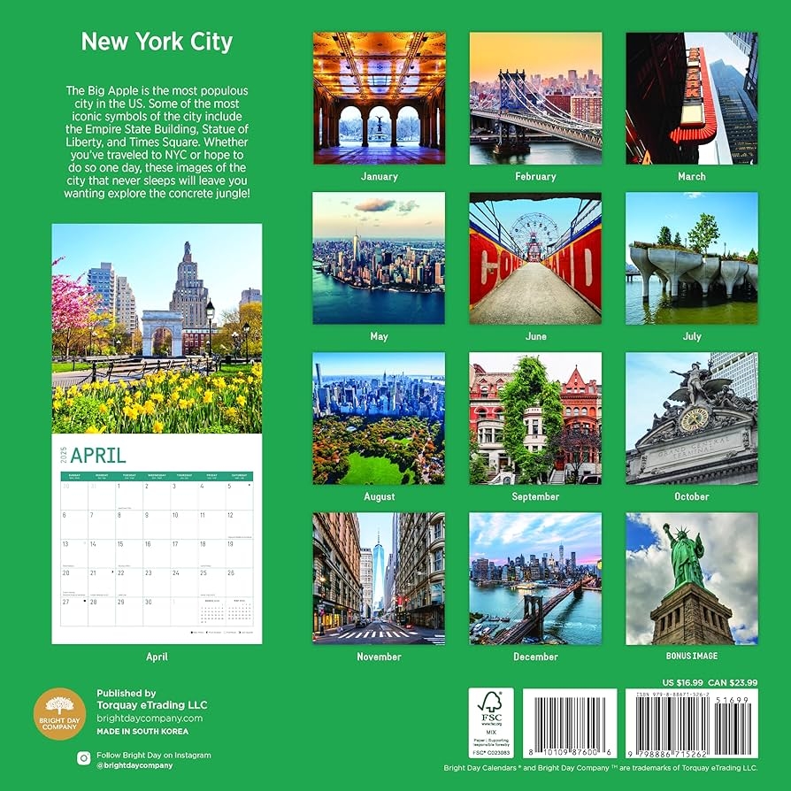 2025 New York City Monthly Wall Calendar By Bright Day 12 X 12 Inch NYC Times Square Manhattan Brooklyn Amazon co uk Stationery U0026 Office Supplies