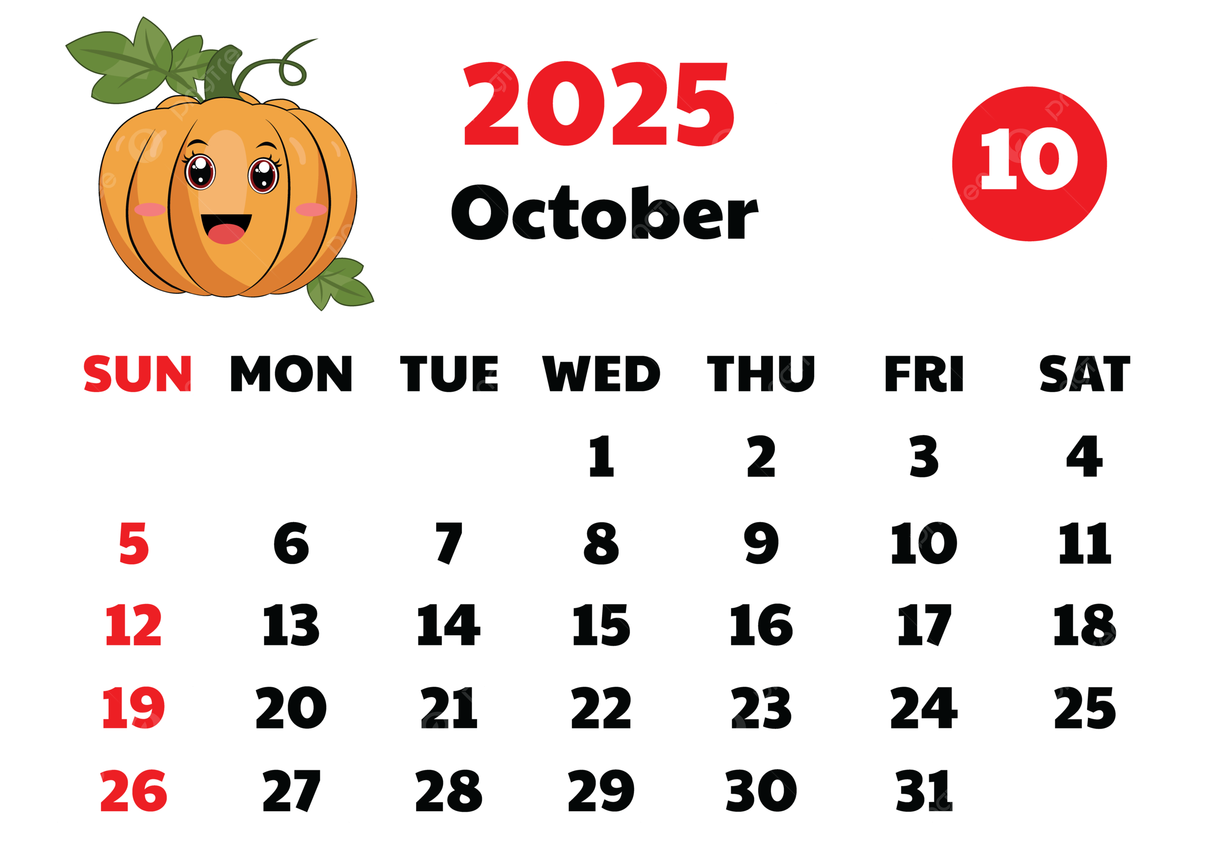 2025 October Calendar Transperent Cute Design Vector With Fun 