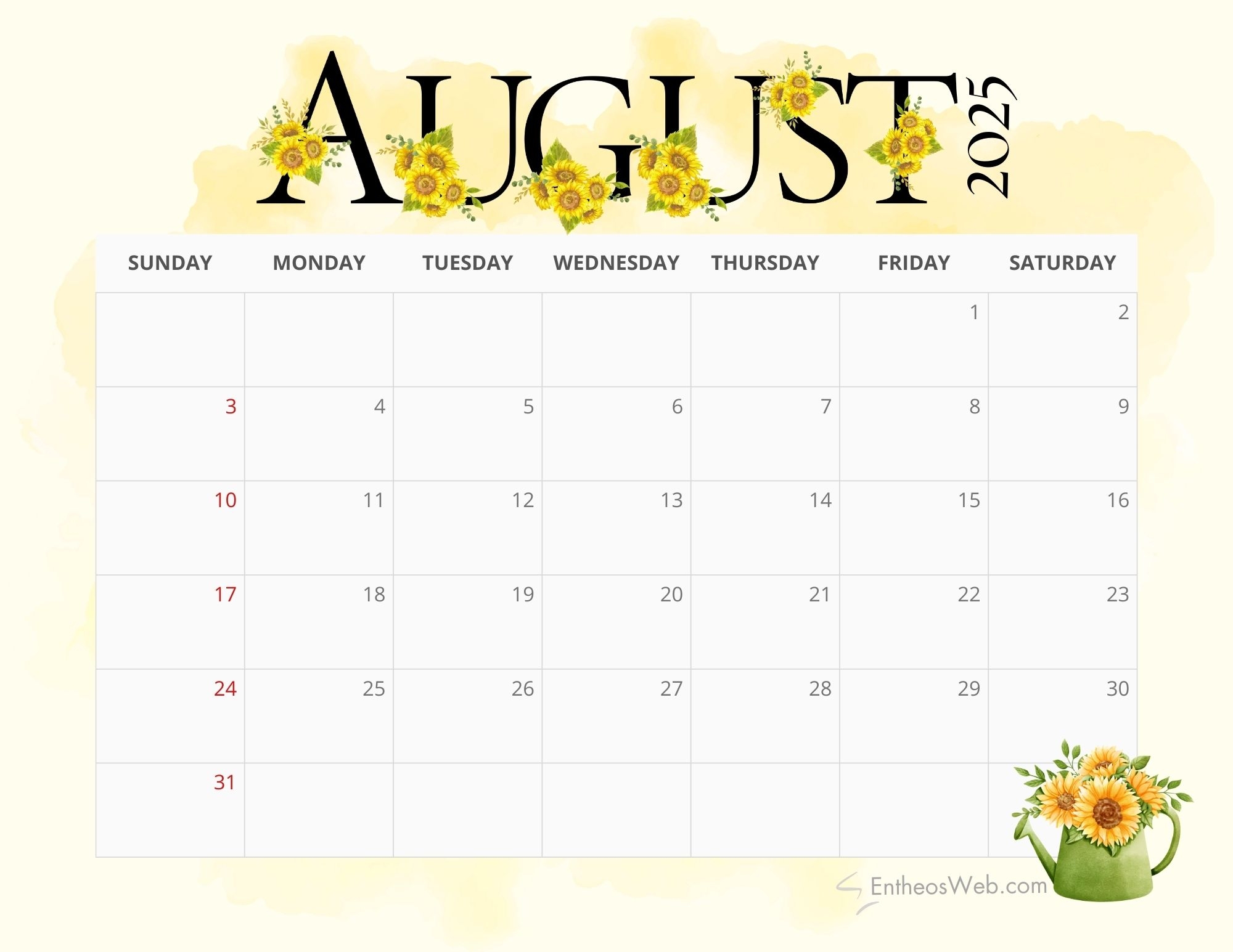 Editable 2025 August Calendar
