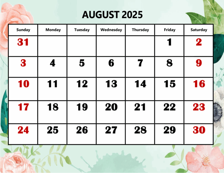 August 2025 Calendar Printable PDF Template With Holidays