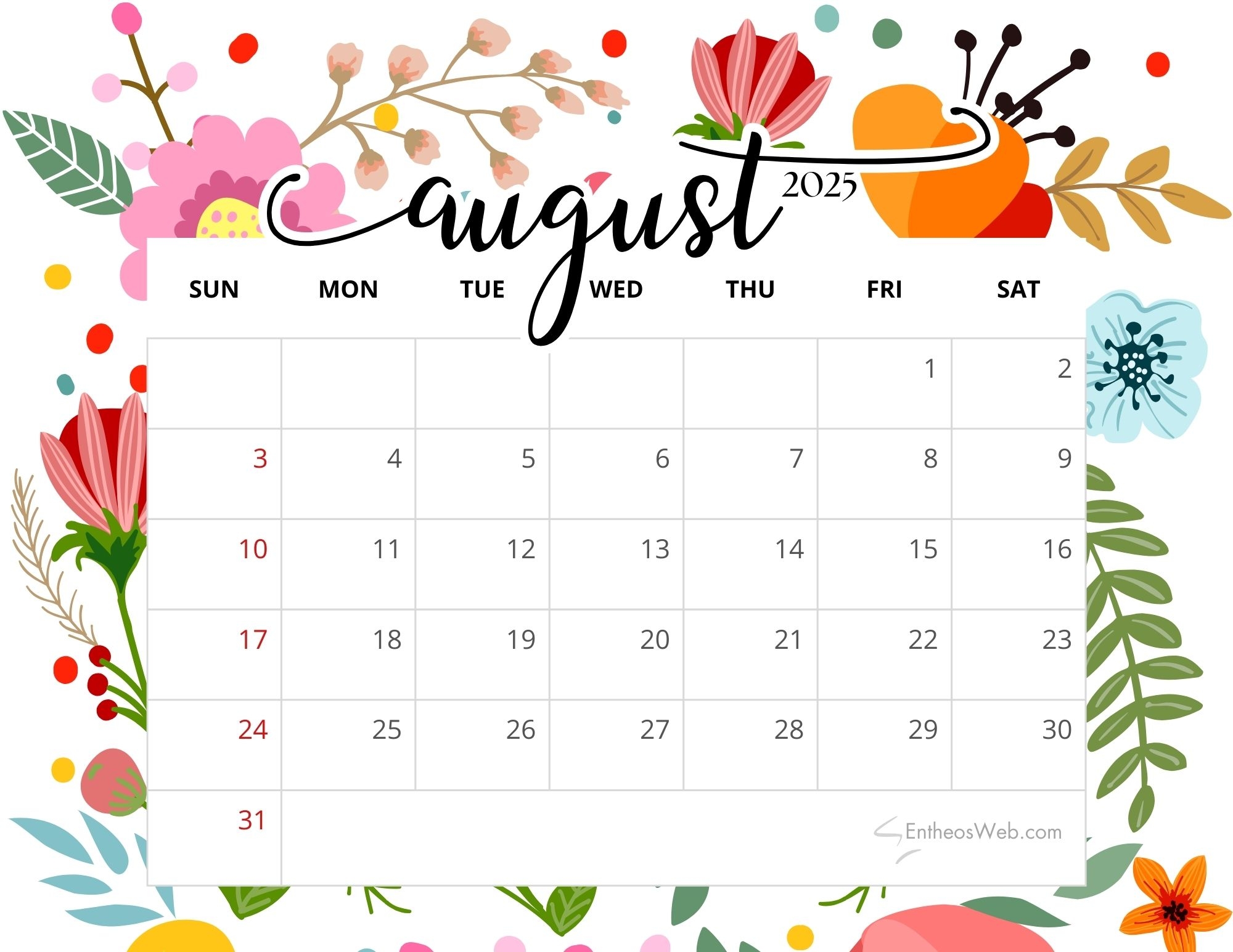 August 2025 Calendar Widget