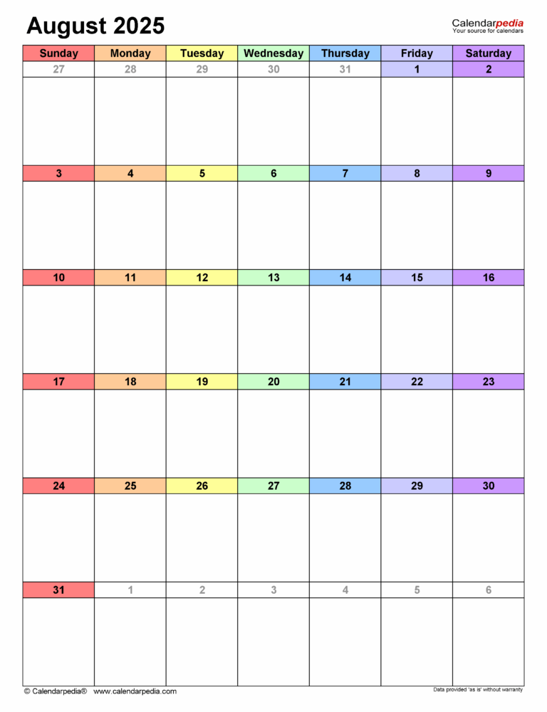 August 2025 Calendar Templates For PDF Excel And Word
