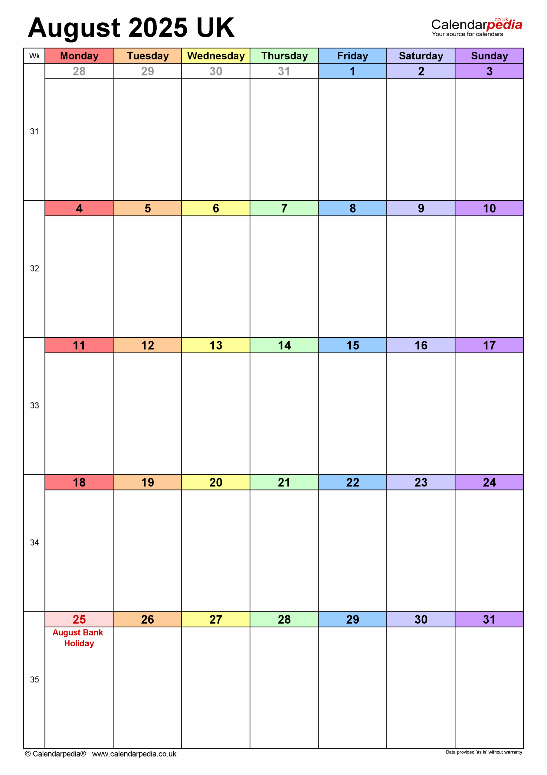Blank August 2025 Calendar Word