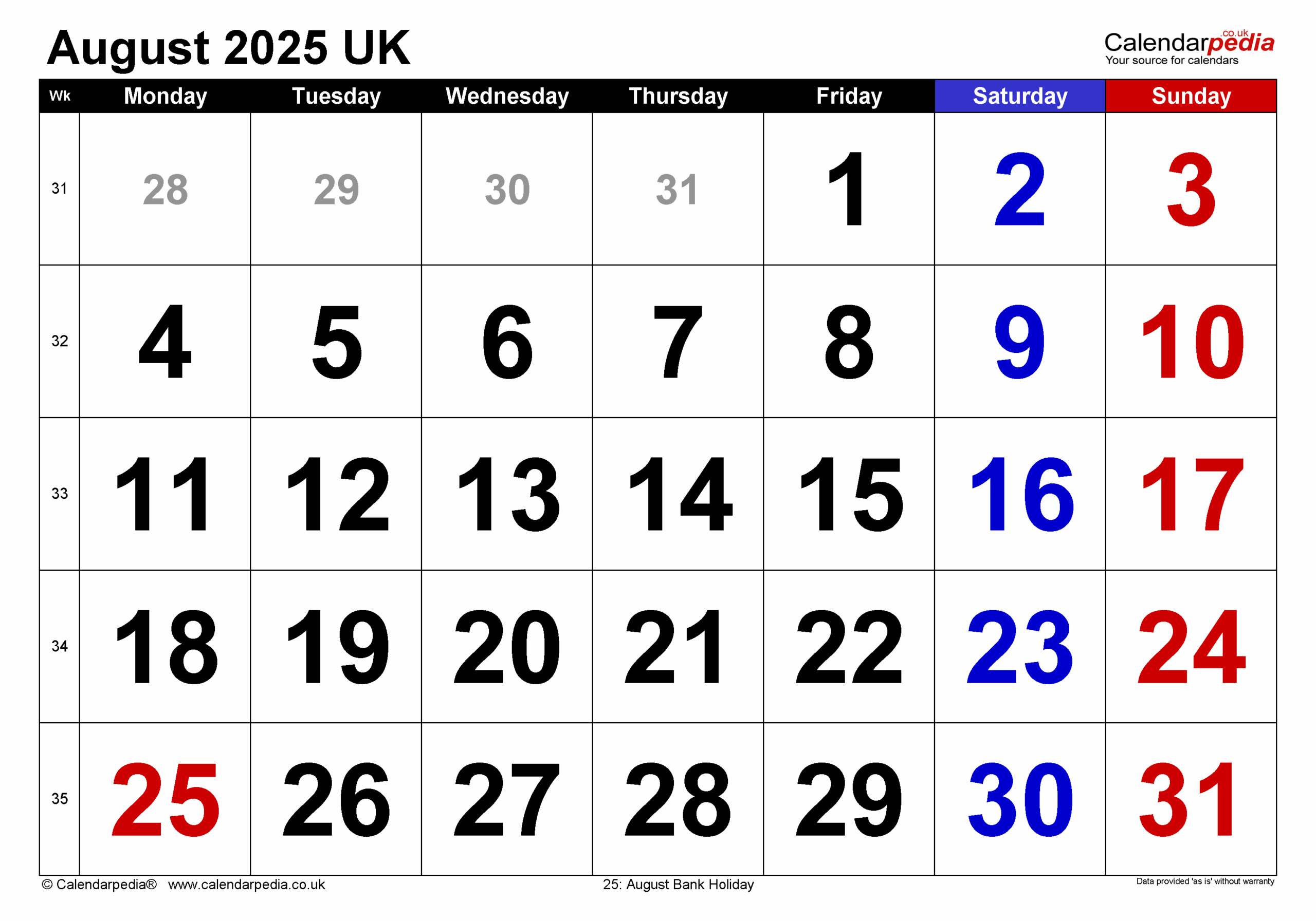 Calendar Holiday August 2025